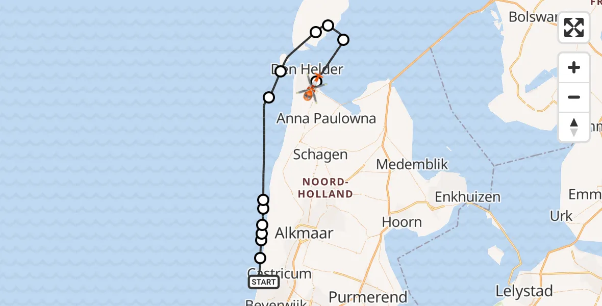 Vluchtroute Kustwachthelikopter Castricum - Vliegveld De Kooy, 04 april 2024, 20:07