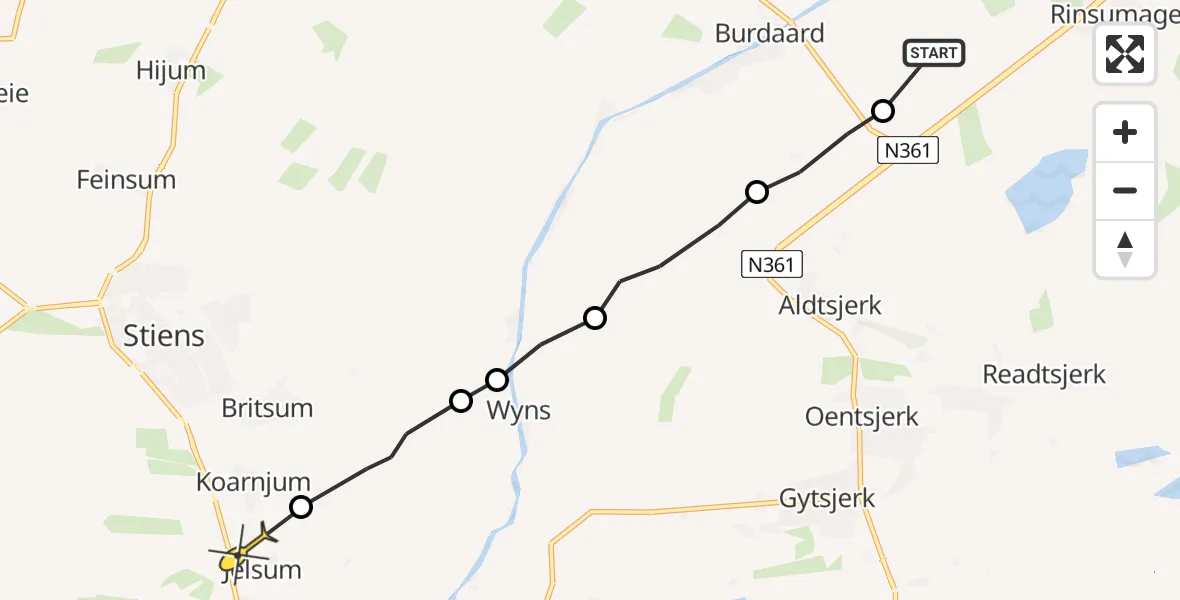 Routekaart van de vlucht: Ambulanceheli naar Jelsum, Kolkhuzerwei