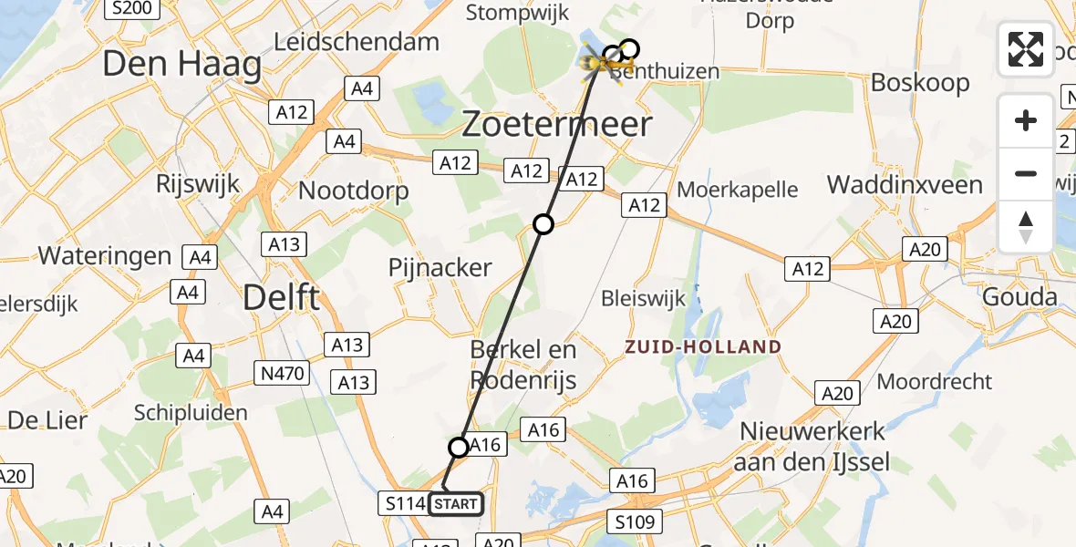 Vluchtroute Traumahelikopter Rotterdam The Hague Airport - Zoetermeer, 04 april 2024, 21:07