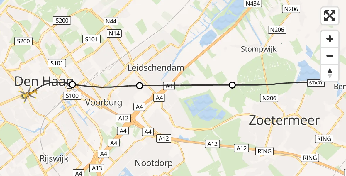 Vluchtroute Traumahelikopter Zoetermeer - Den Haag, 04 april 2024, 21:42