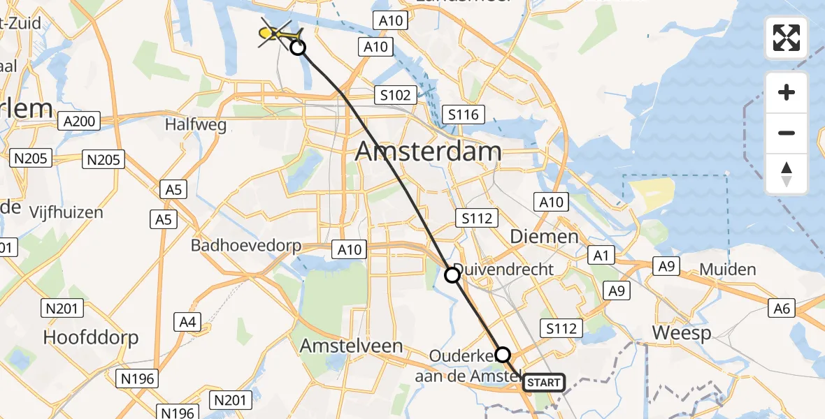 Routekaart van de vlucht: Lifeliner 1 naar Amsterdam Heliport, Hornweg