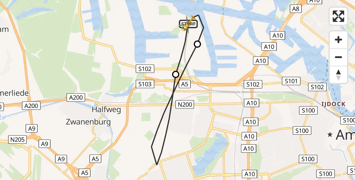 Vluchtroute Traumahelikopter van Amsterdam Heliport naar Amsterdam Heliport