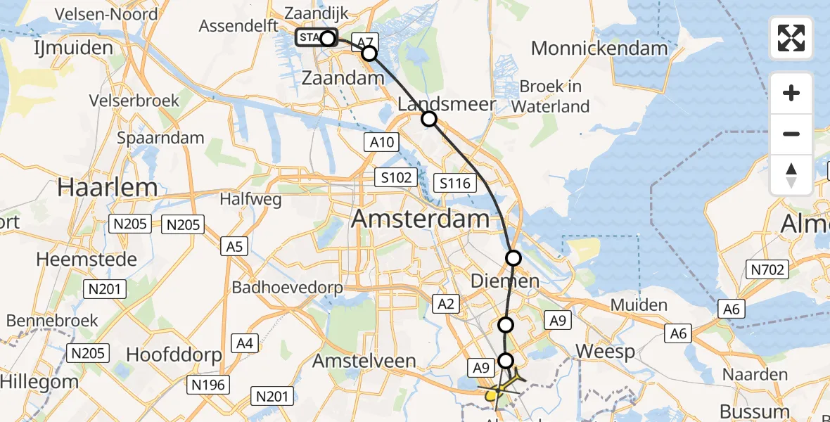 Routekaart van de vlucht: Lifeliner 1 naar Academisch Medisch Centrum (AMC), Helipad