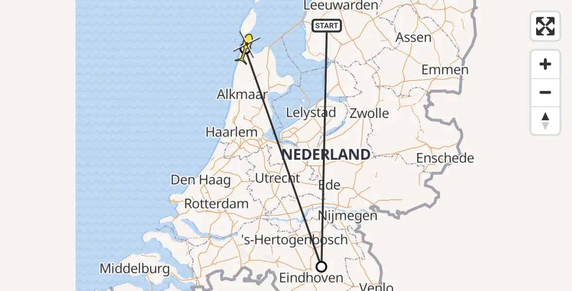 Routekaart van de vlucht: Ambulancehelikopter naar Vliegveld De Kooy, Reigerlaan