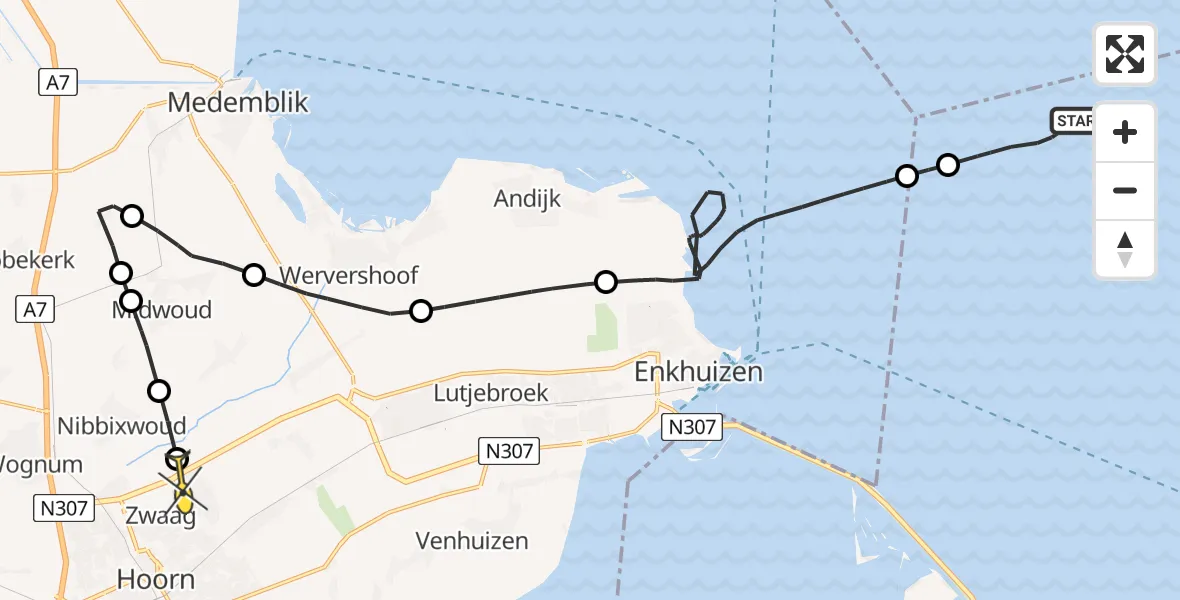 Routekaart van de vlucht: Kustwachthelikopter naar Zwaag, Dijkgraaf