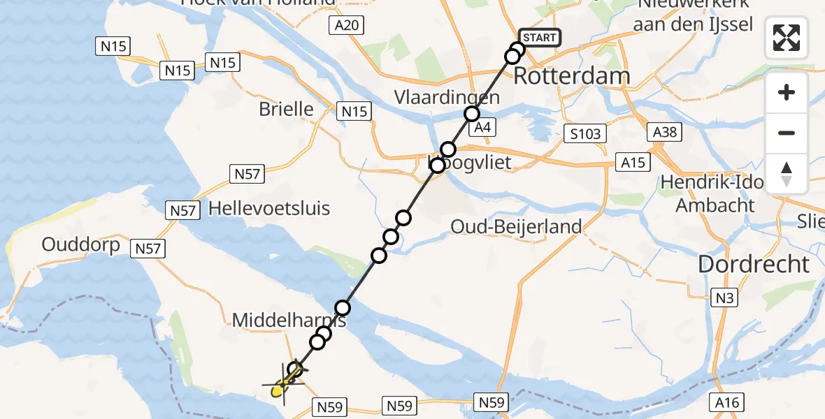 Routekaart van de vlucht: Lifeliner 2 naar Nieuwe-Tonge, Zaventembaan