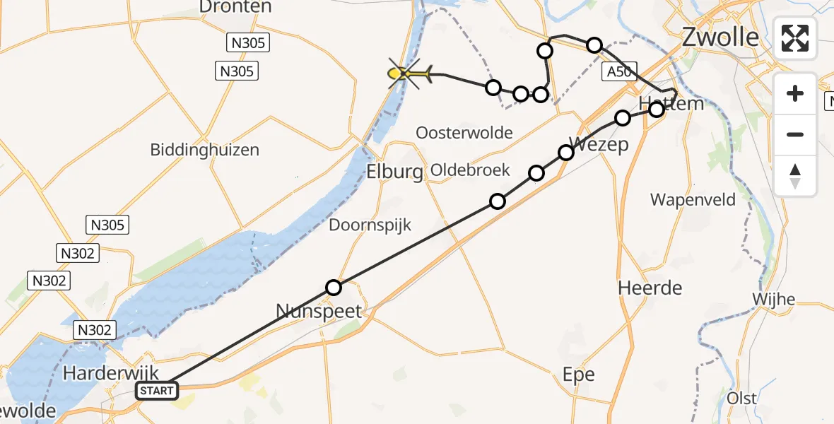 Routekaart van de vlucht: Politieheli naar Oosterwolde Gld, Steenzolder