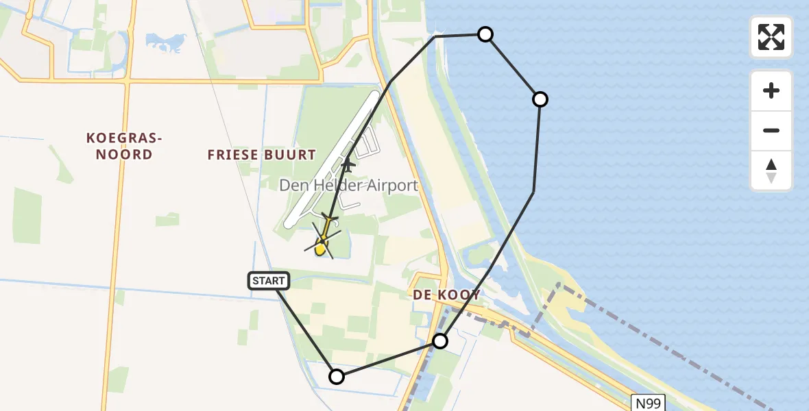 Routekaart van de vlucht: Kustwachthelikopter naar Vliegveld De Kooy, Karel Doormanweg