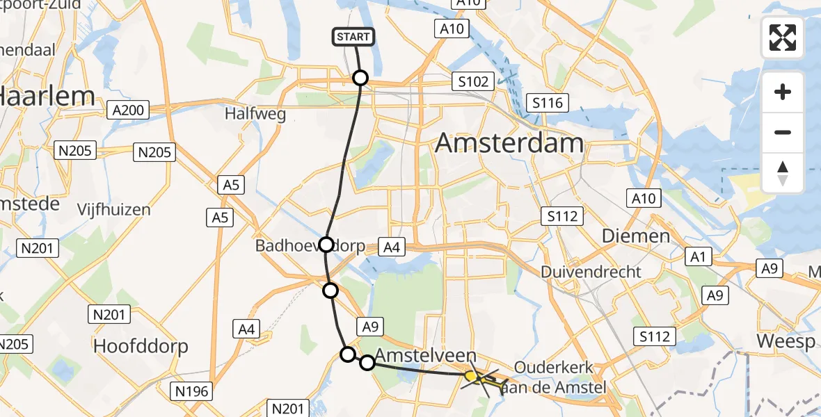 Routekaart van de vlucht: Lifeliner 1 naar Amstelveen, Basisweg