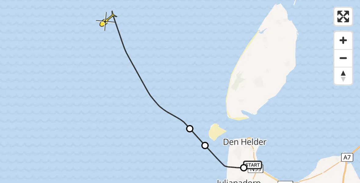 Vluchtroute Kustwachthelikopter van Vliegveld De Kooy naar 