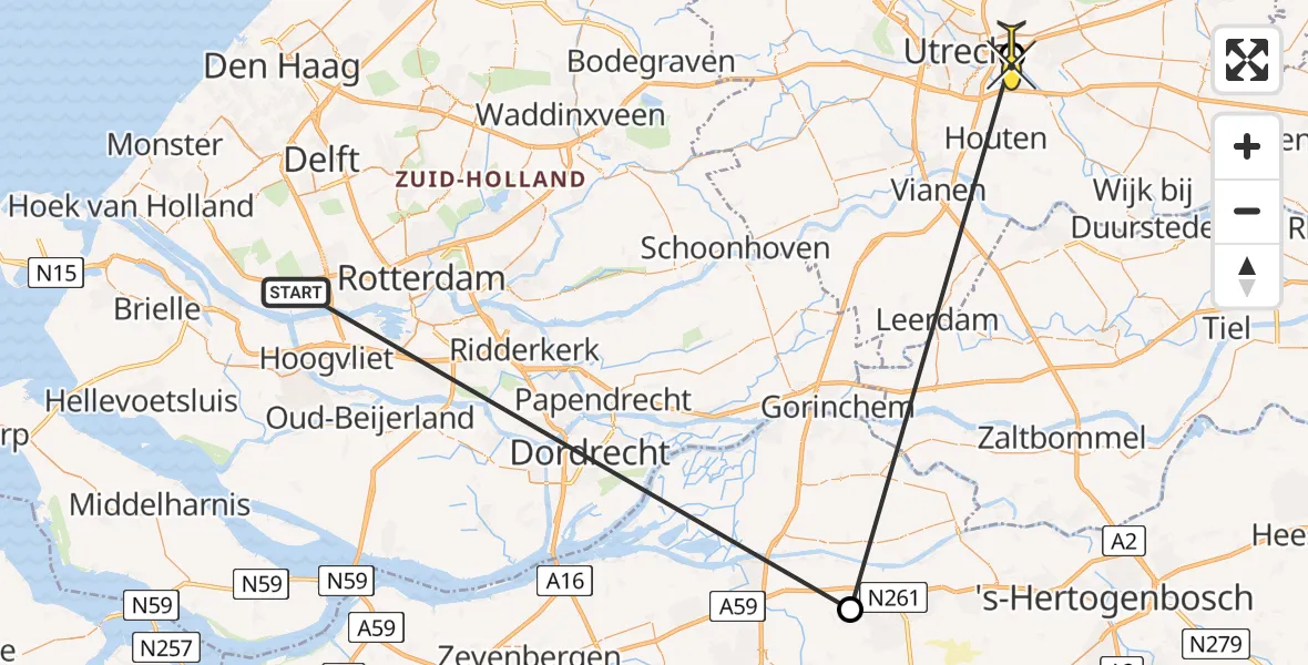 Routekaart van de vlucht: Traumahelikopter naar Universitair Medisch Centrum Utrecht, UMC Ambulancetunnel