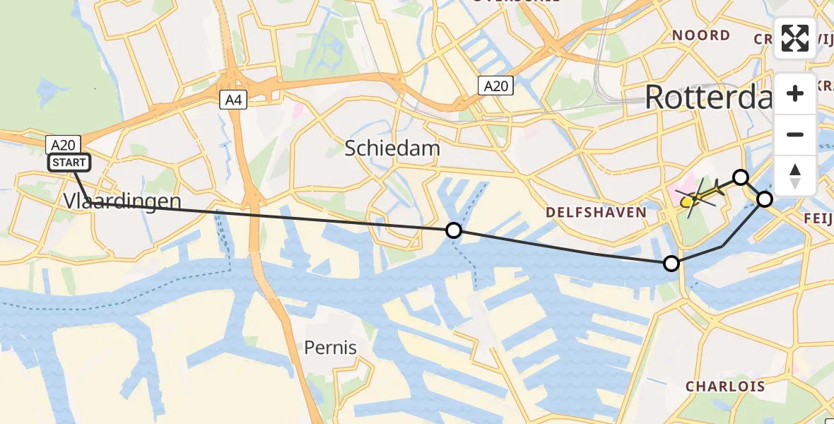 Routekaart van de vlucht: Lifeliner 2 naar Erasmus MC, Merwehaven 1e Gat