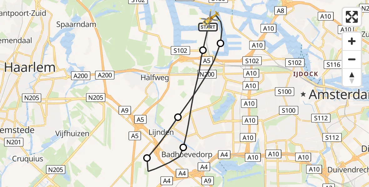 Vluchtroute Traumahelikopter van Amsterdam Heliport naar Amsterdam Heliport