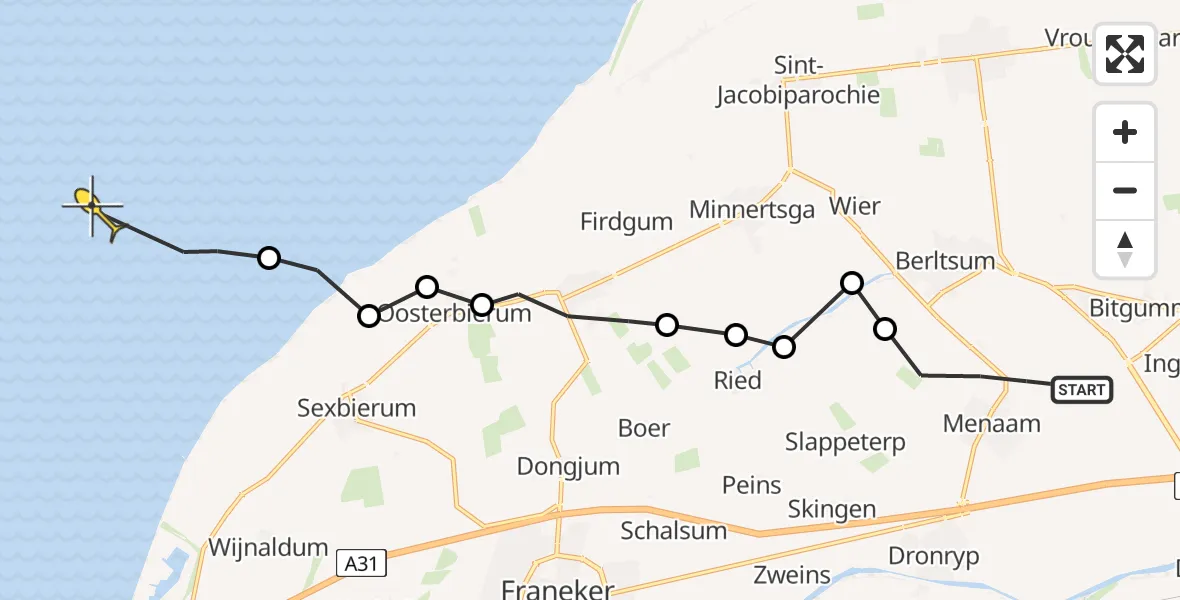 Routekaart van de vlucht: Ambulancehelikopter naar Formerum, Bitgumerdyk