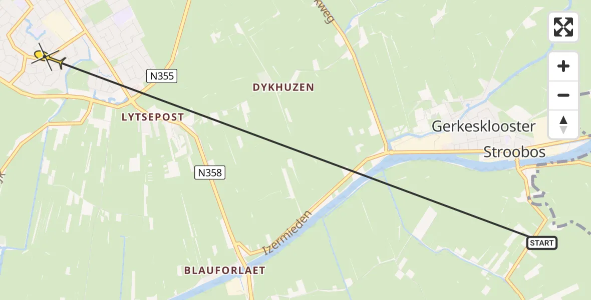 Routekaart van de vlucht: Ambulancehelikopter naar Buitenpost, Bernhardlaan
