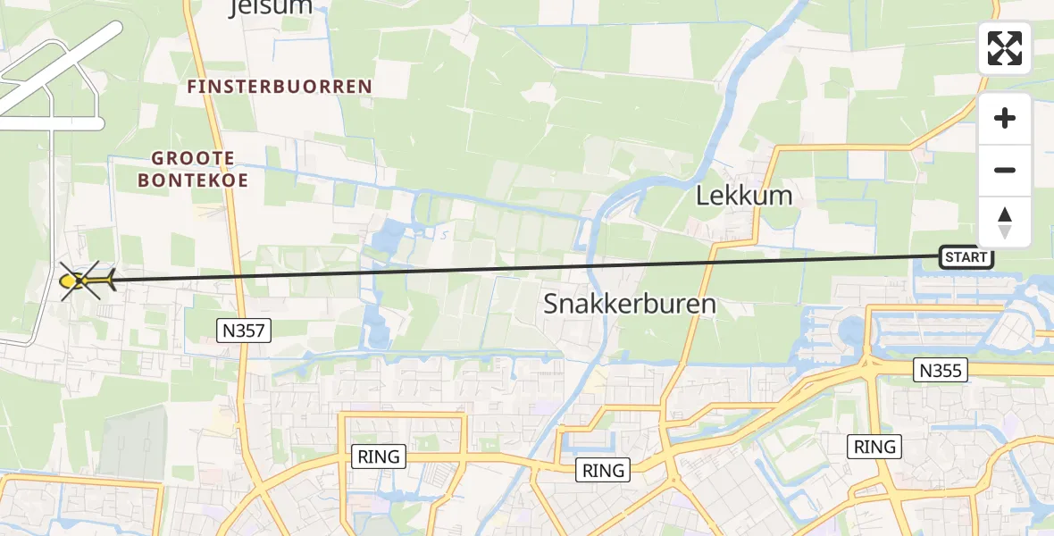 Routekaart van de vlucht: Ambulanceheli naar Vliegbasis Leeuwarden, Keegsdijkje