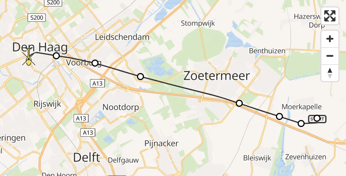 Routekaart van de vlucht: Lifeliner 1 naar Den Haag, Noordeinde