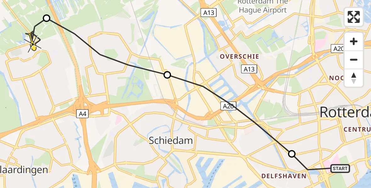 Routekaart van de vlucht: Lifeliner 2 naar Vlaardingen, Mathenesserlaan