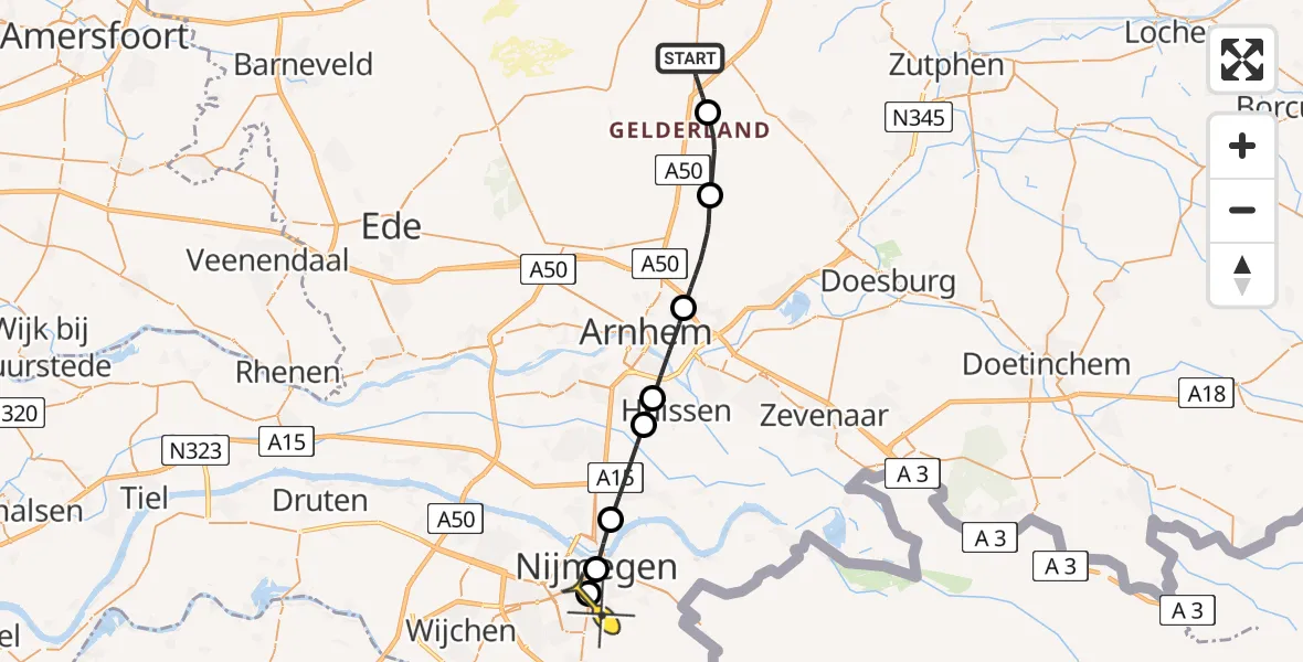 Routekaart van de vlucht: Lifeliner 3 naar Radboud Universitair Medisch Centrum, Arnhemseweg