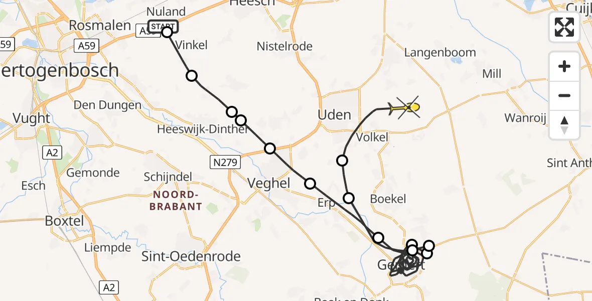 Routekaart van de vlucht: Politieheli naar Vliegbasis Volkel, Kerkdèkske