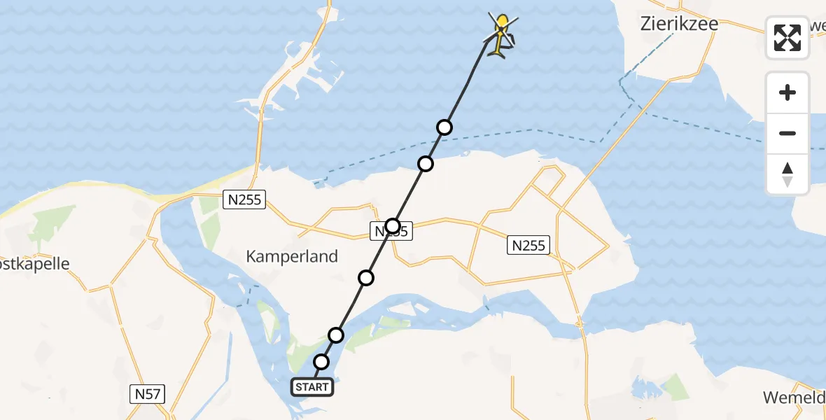 Routekaart van de vlucht: Kustwachthelikopter naar Kerkwerve, Wilhelminaweg