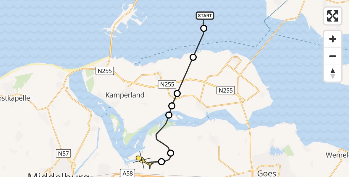 Routekaart van de vlucht: Kustwachthelikopter naar Vliegveld Midden-Zeeland, Calandweg
