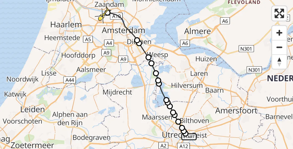 Routekaart van de vlucht: Lifeliner 1 naar Amsterdam Heliport, Capriweg