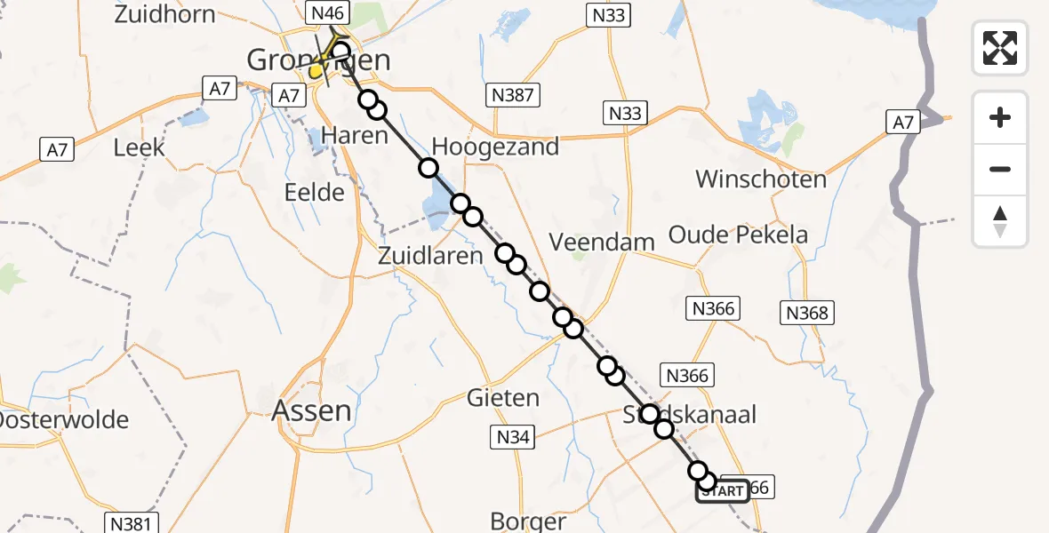 Routekaart van de vlucht: Lifeliner 4 naar Universitair Medisch Centrum Groningen, 1e Exloërmond