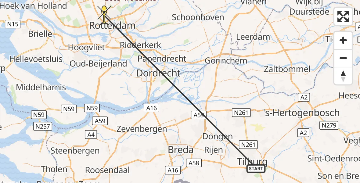 Routekaart van de vlucht: Traumaheli naar Rotterdam The Hague Airport, Brandenburgbaan