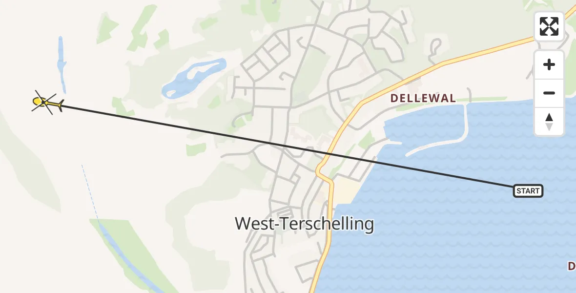 Routekaart van de vlucht: Ambulancehelikopter naar West-Terschelling, Buiten de Kom