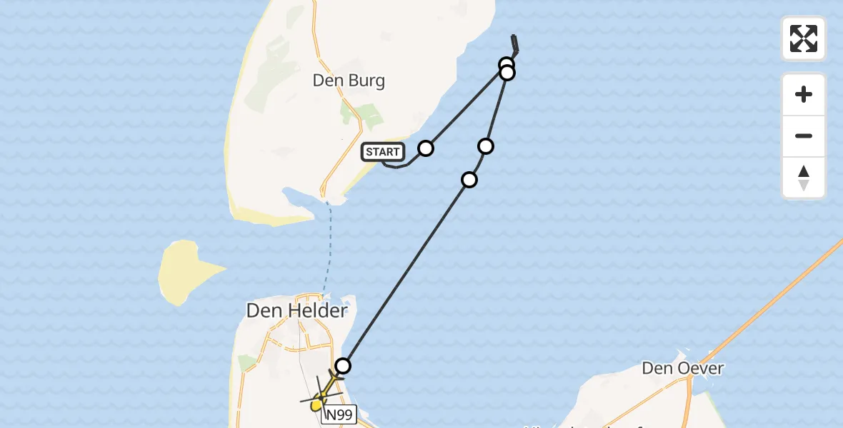 Routekaart van de vlucht: Kustwachthelikopter naar Vliegveld De Kooy, Texelstroom