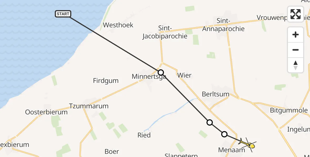 Routekaart van de vlucht: Ambulancehelikopter naar Menaam, Miedleane