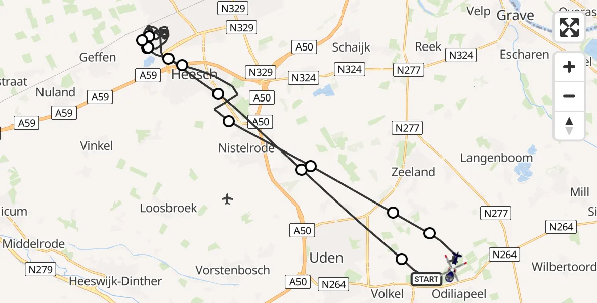 Vluchtroute Politiehelikopter van Vliegbasis Volkel naar Vliegbasis Volkel
