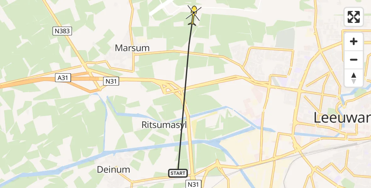 Vluchtroute Ambulancehelikopter van Leeuwarden naar Vliegbasis Leeuwarden
