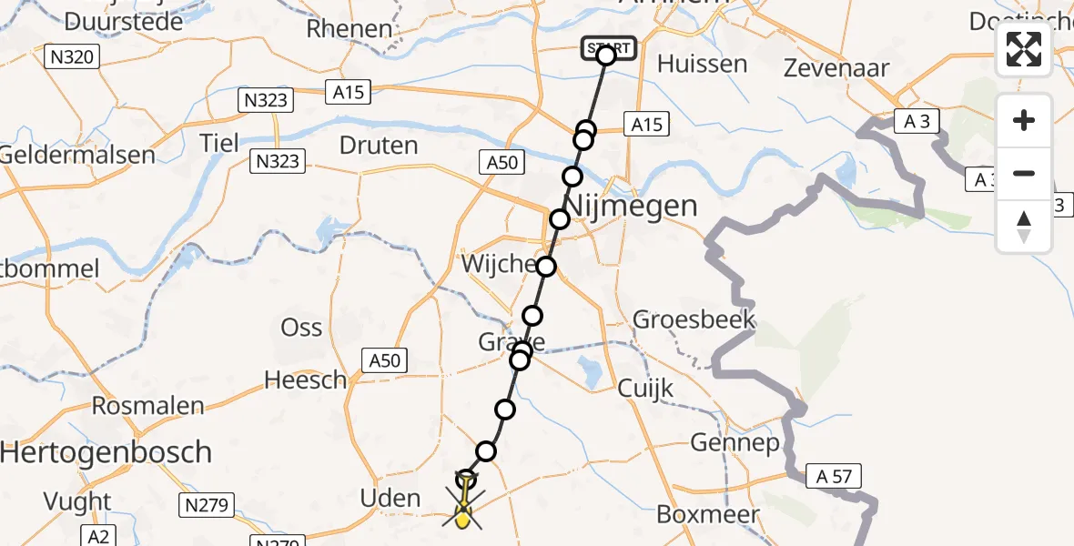 Routekaart van de vlucht: Lifeliner 3 naar Vliegbasis Volkel, Romeins Lint West