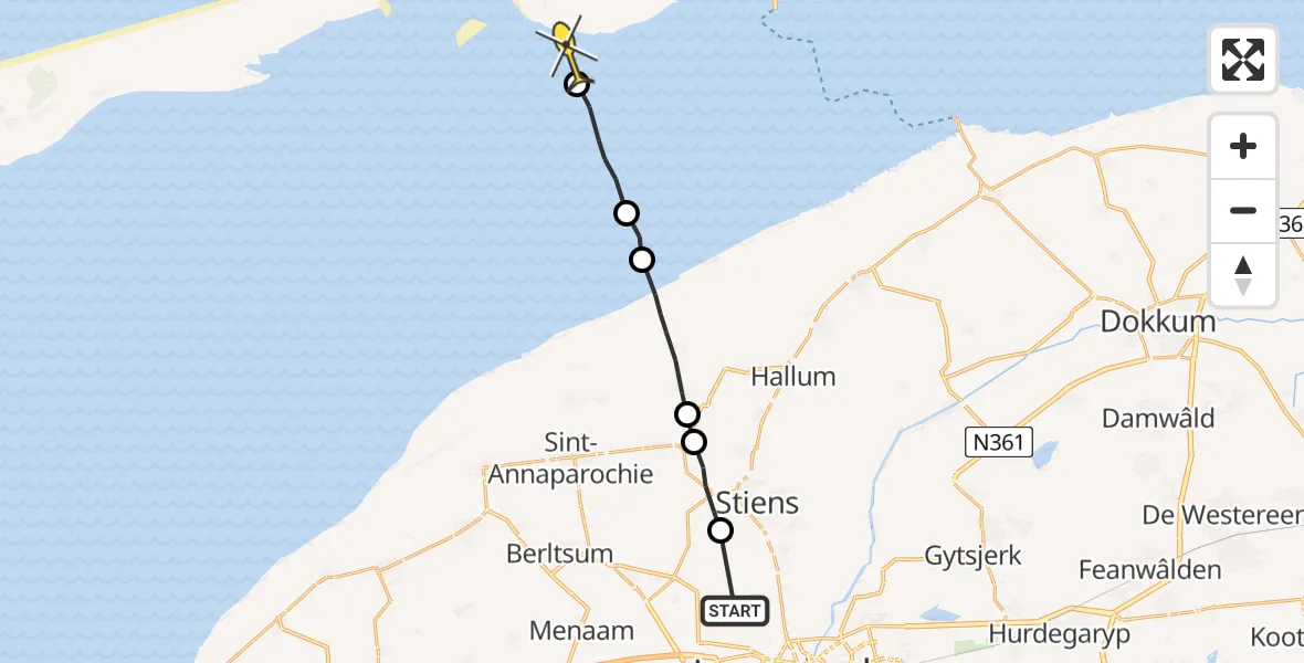 Routekaart van de vlucht: Ambulancehelikopter naar Hollum, Skrédyk