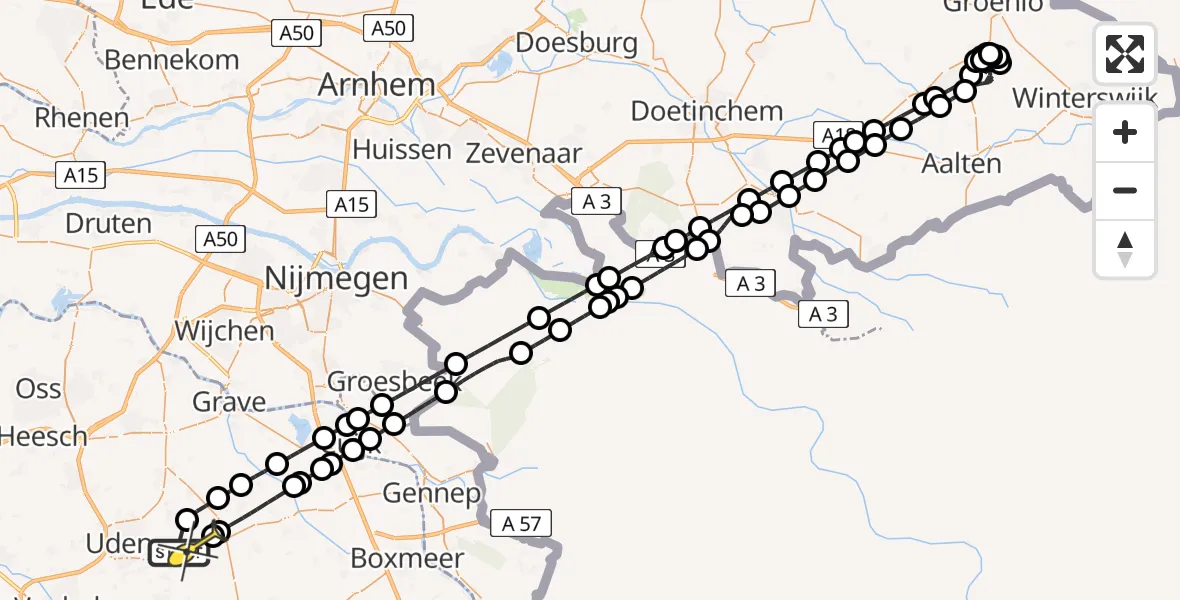 Routekaart van de vlucht: Politieheli naar Vliegbasis Volkel, Millsebaan