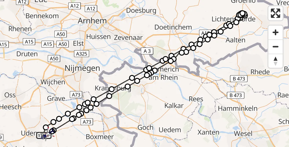 Vluchtroute Politiehelikopter van Vliegbasis Volkel naar Vliegbasis Volkel