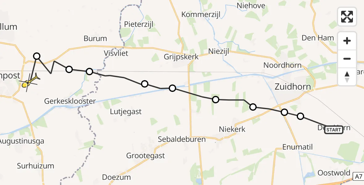 Routekaart van de vlucht: Ambulanceheli naar Buitenpost, Zuiderweg