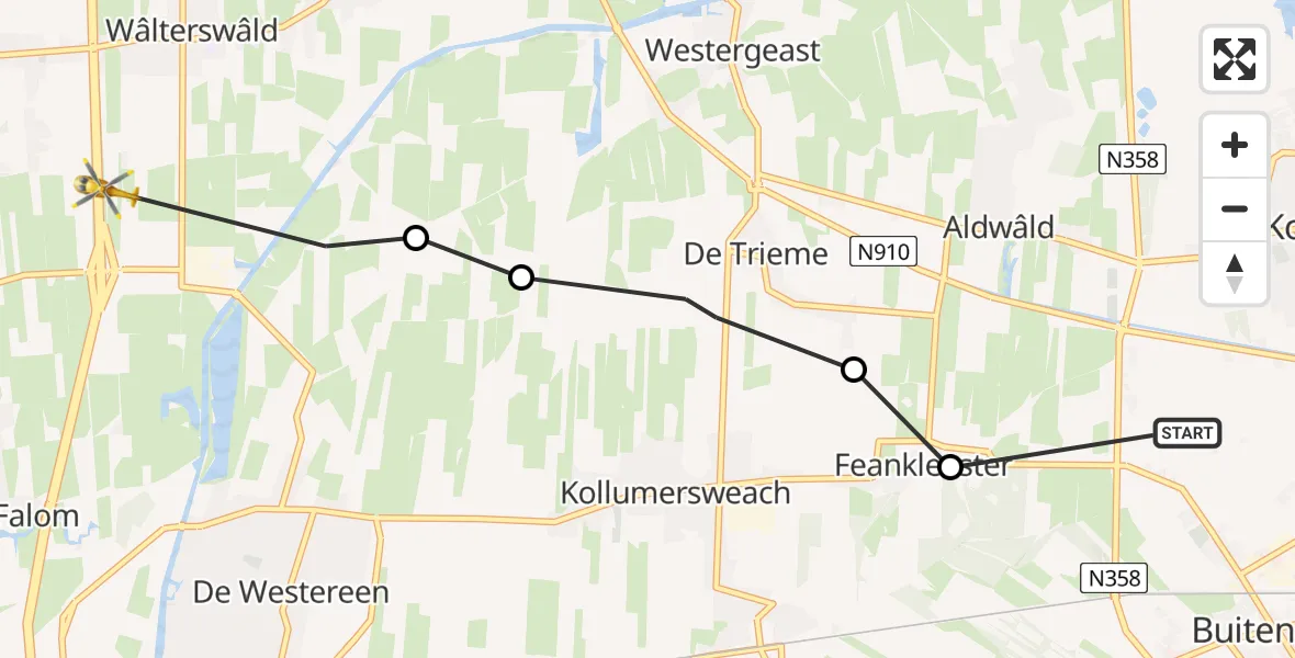 Vluchtroute Ambulancehelikopter Kollum - Damwâld, 06 april 2024, 18:49