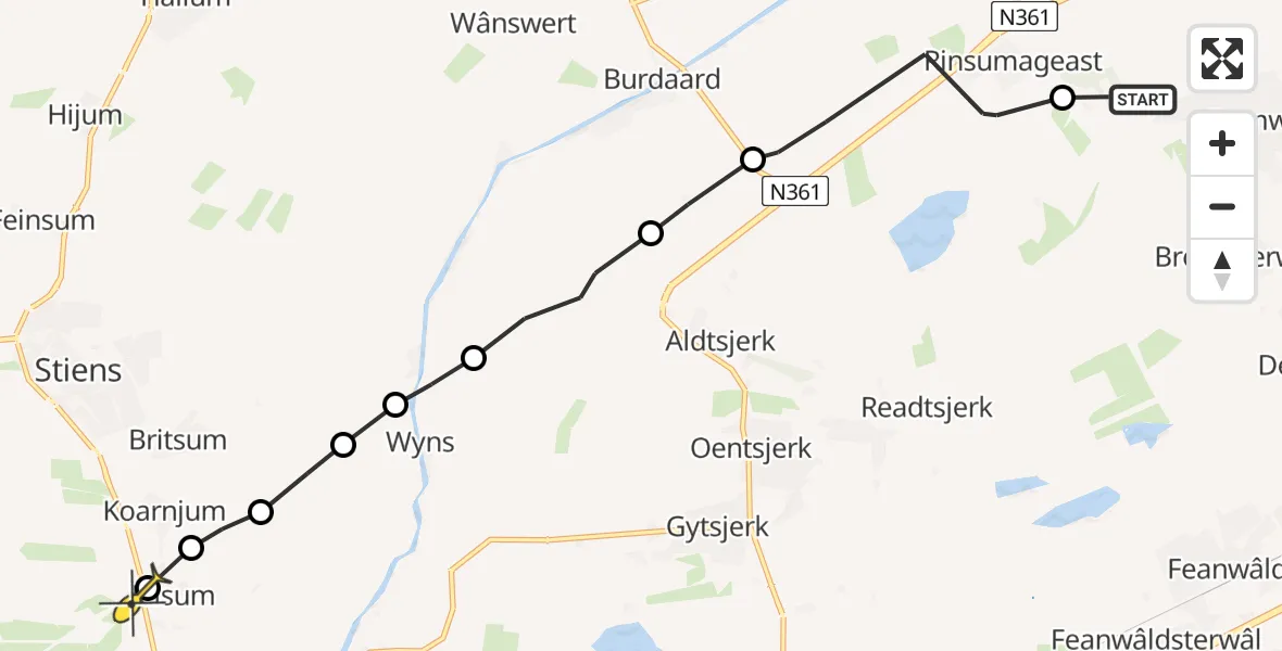 Routekaart van de vlucht: Ambulancehelikopter naar Vliegbasis Leeuwarden, Aldewei