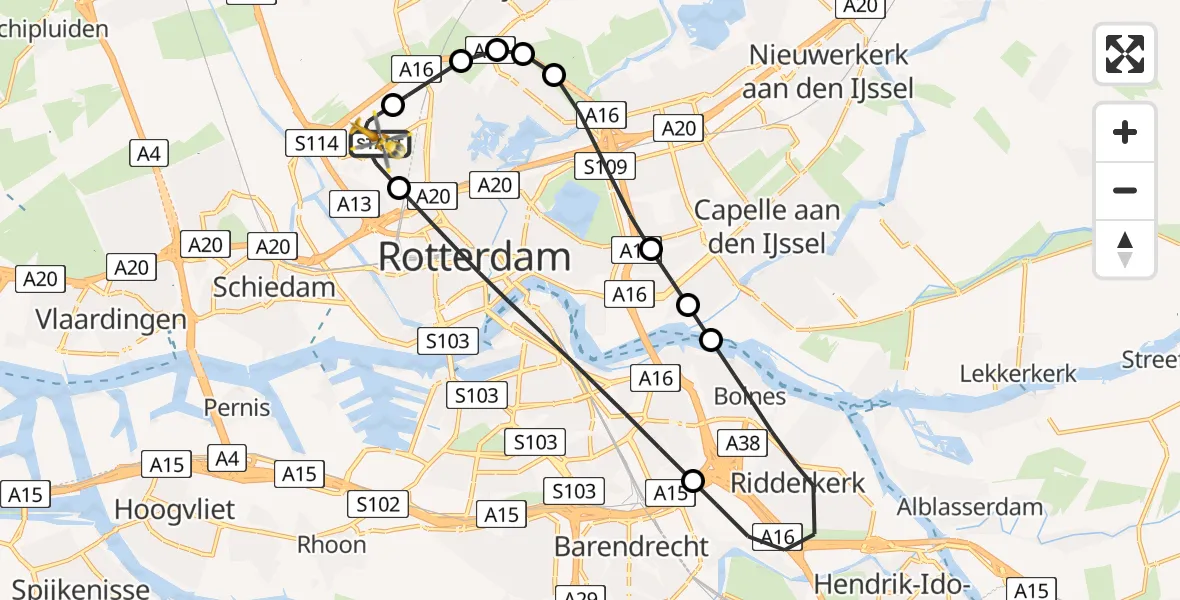 Vluchtroute Traumahelikopter Rotterdam The Hague Airport - Rotterdam The Hague Airport, 06 april 2024, 23:34