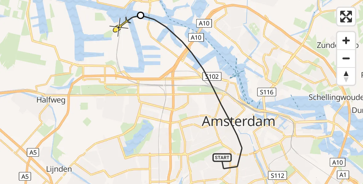 Routekaart van de vlucht: Lifeliner 1 naar Amsterdam Heliport, Ferdinand Bolstraat