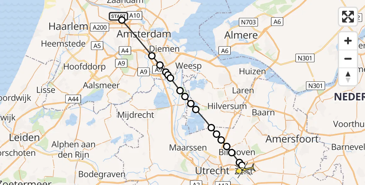 Routekaart van de vlucht: Lifeliner 1 naar Zeist, Sardiniëweg