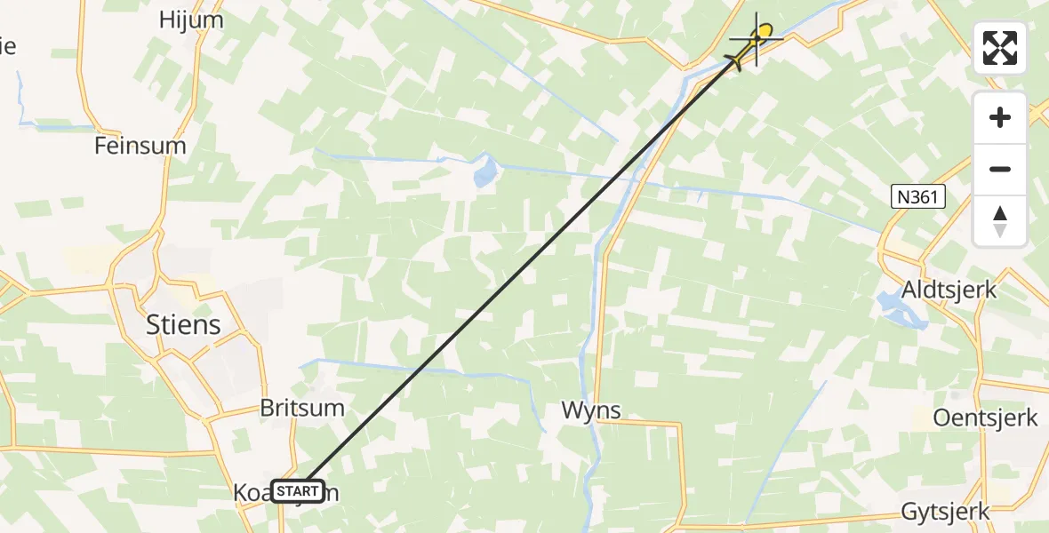 Routekaart van de vlucht: Ambulancehelikopter naar Wânswert, Iedyk