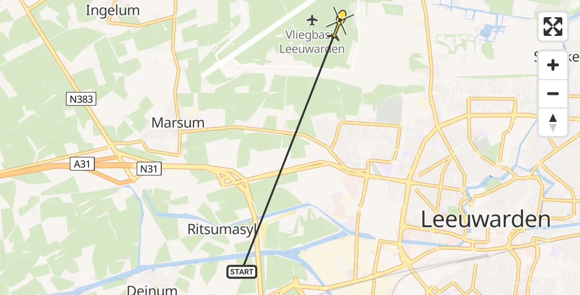 Vluchtroute Ambulancehelikopter van Leeuwarden naar Vliegbasis Leeuwarden