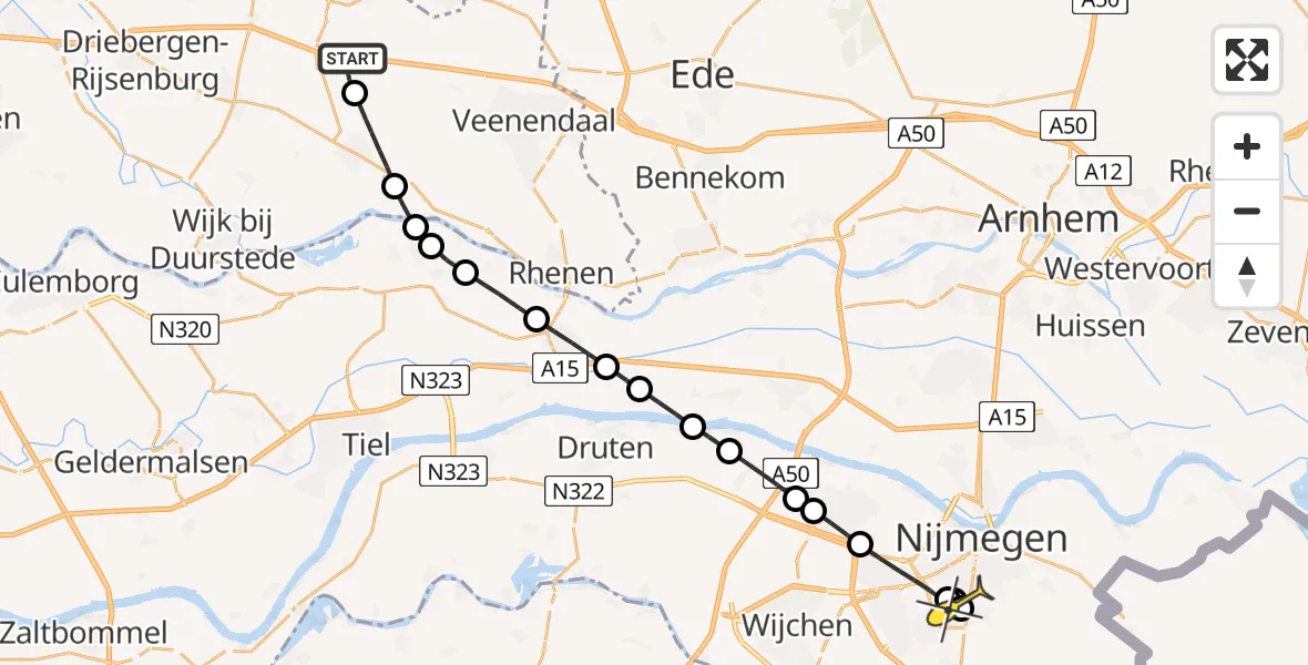 Routekaart van de vlucht: Lifeliner 3 naar Radboud Universitair Medisch Centrum, Altena
