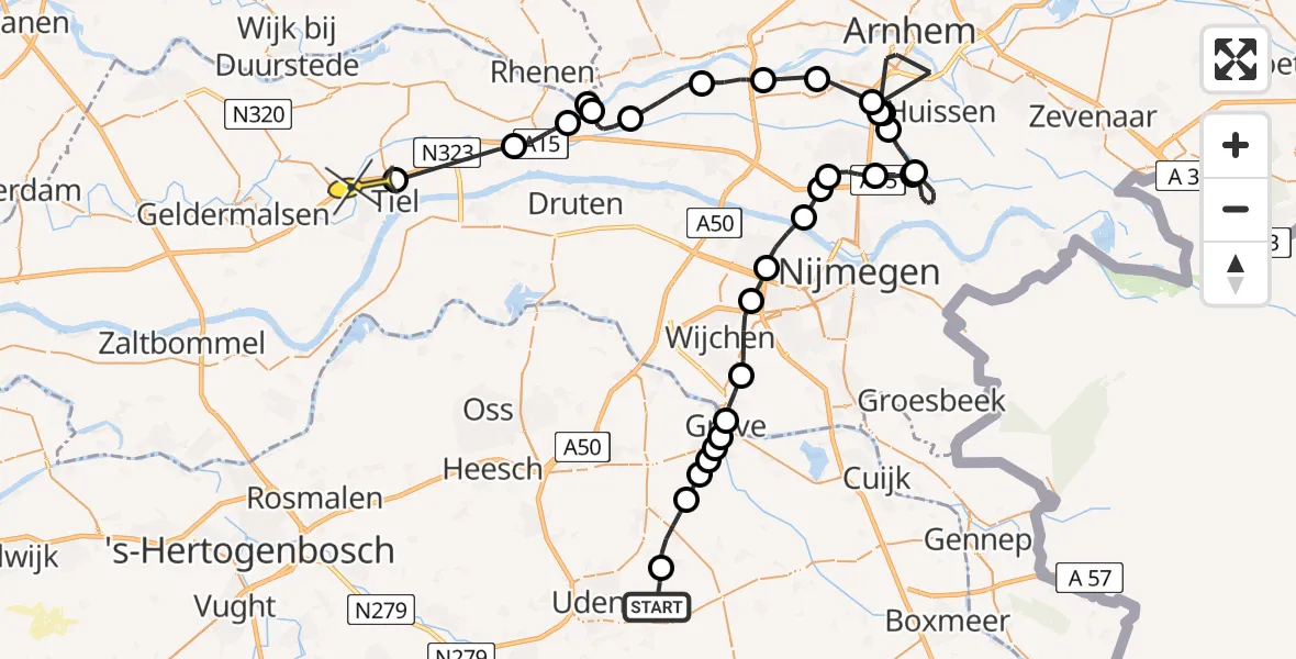 Routekaart van de vlucht: Politiehelikopter naar Tiel, Millsebaan