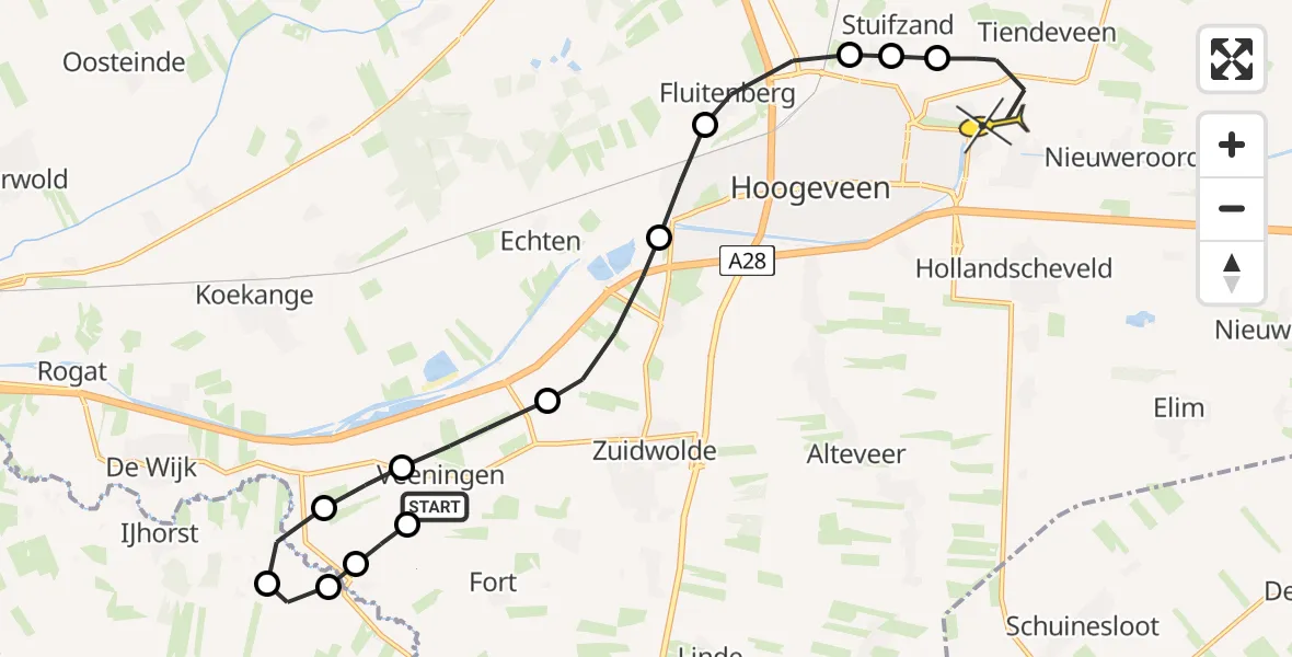 Routekaart van de vlucht: Lifeliner 4 naar Vliegveld Hoogeveen, Stapelerveldweg