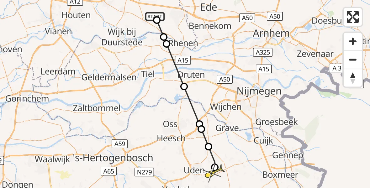 Routekaart van de vlucht: Politieheli naar Vliegbasis Volkel, Marmottenbak